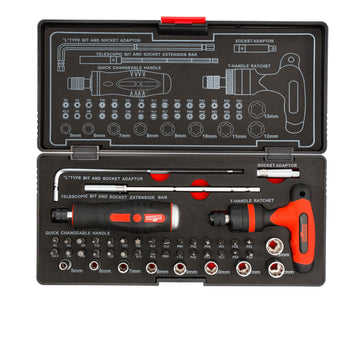Jeu de douilles 1/4" en cassette plastique Poignée en T + Tournevis S44